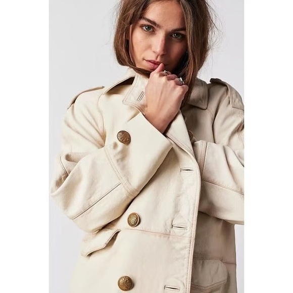 NWT Free People Top Notch Leather Jacket Pea Coat Conch - Picture 2 of 9